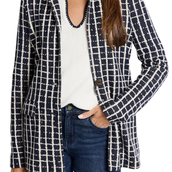 Nic+Zoe Painted Plaid Boyfriend Oversized Blazer Navy/White Knit Plus Size Sz 3x - Picture 5 of 12